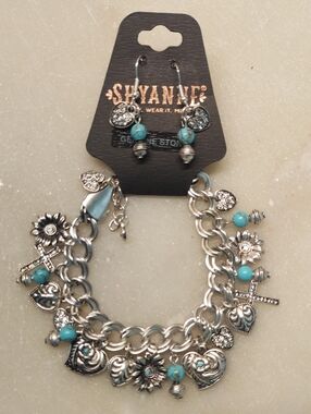 BOGO! NEW! Shyanne Western Turquoise Bracelet & Earrings Set Pave' Charm